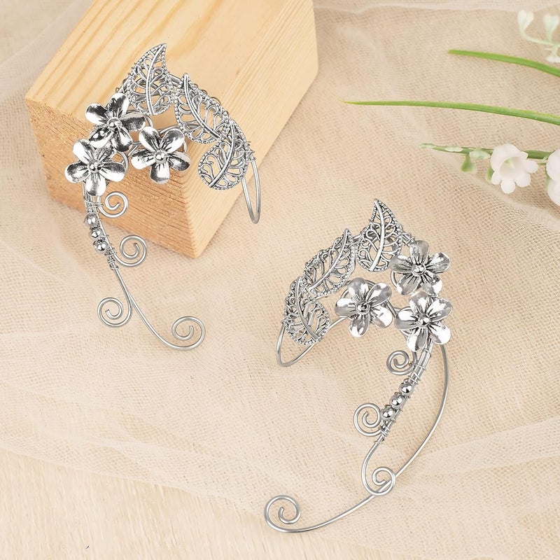 Yolmina Elven Ear Cuffs for Women, Handmade Elf Fairy Earrings Cuff Wrap Clip-on Filigree Earrings for Fantasy Fairy Halloween Costume, Cosplay, Wedding, Handcraft (Silver) - Image 2
